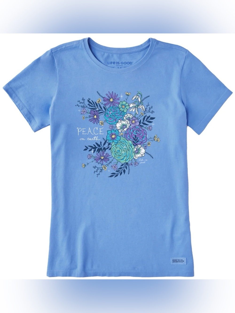 Life Is Good Peace on Earth Flowers Short Sleeve Crusher Tee; Like New, Sz. XL